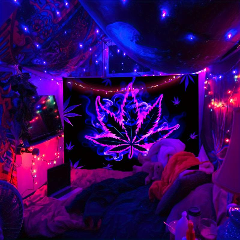  1pc Vibrant Purple Leaf Fluorescent Tapestry - Aesthetic Polyester UV BlackLight Wall Hanging for Living Room, Bedroom, Office, Home Decor, Room Decor, Party Deco - Festival Gift with  Installation Package and Easy to Hang