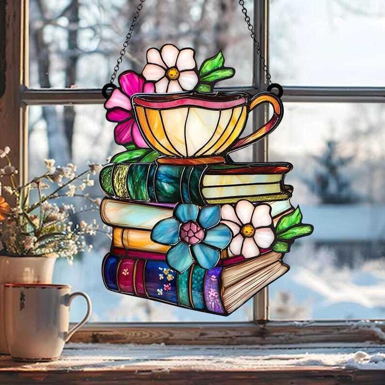 Flower Book And Tea - Personalized Window Hanging Suncatcher Ornament 2024, Gift For Book Lover, Custom Bookshelf Ornament, Christmas Gift