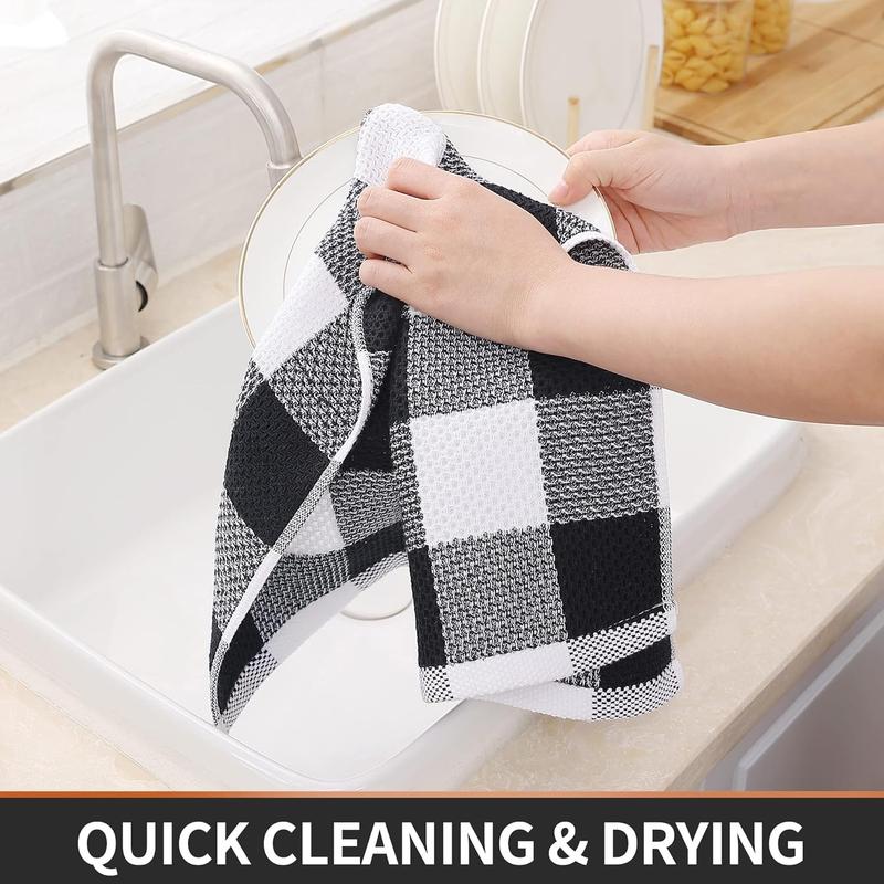 Kitchen Towel and dish towel set, 12 x 12 and 13 x 28 inches, one set of 8 cotton checkered kitchen towels, soft and absorbent dish cloth, white and black