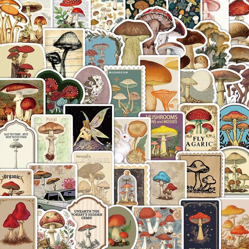 Vintage Mushroom Pattern Sticker, 50pcs set Creative Funny Self Adhesive Decorative Stickers, DIY Decals for Water Bottle, Laptop, Phone Case