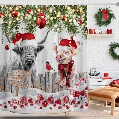 Rustic Cute Xmas Highland on Country Wooden Farmhouse Winter Shower Curtain, Farm Animal Christmas Holiday Bathtubs Decor with 12 Hooks, 72x72 in