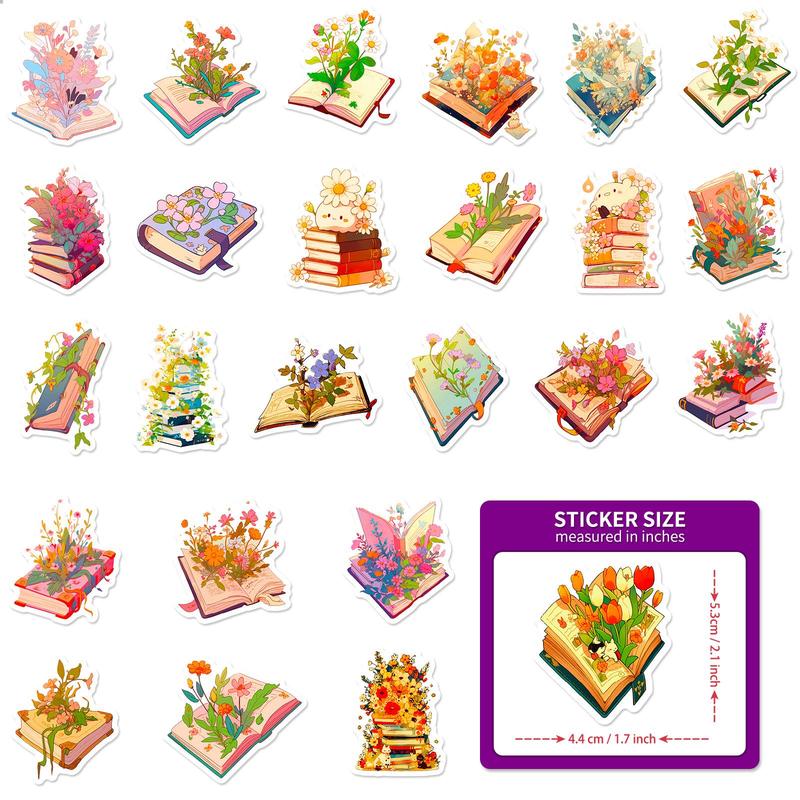 50pcs Floral Book Pattern Decorative Sticker, Creative Waterproof Sticker For DIY Scrapbook Laptop Luggage Decoration