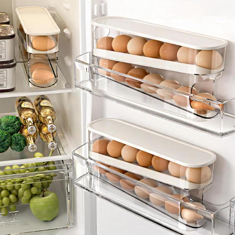 Clear Egg Storage Box, 2 Counts set Automatic Rolling Egg Holder, Space Saving Egg Organizer, Refrigerator Egg Tray, Household Kitchen Products