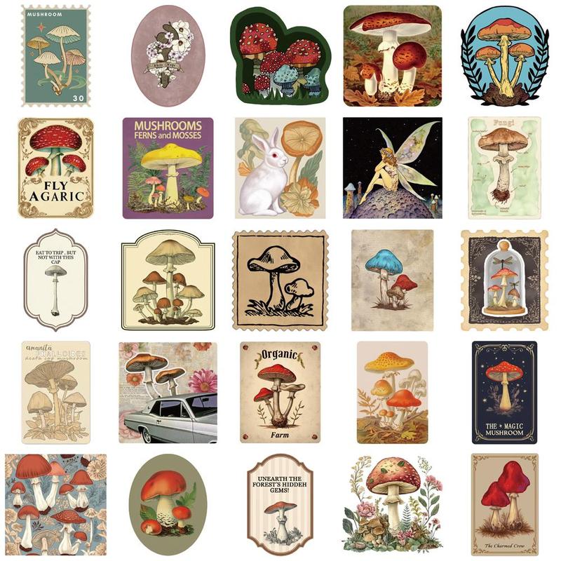 Vintage Mushroom Pattern Sticker, 50pcs set Creative Funny Self Adhesive Decorative Stickers, DIY Decals for Water Bottle, Laptop, Phone Case