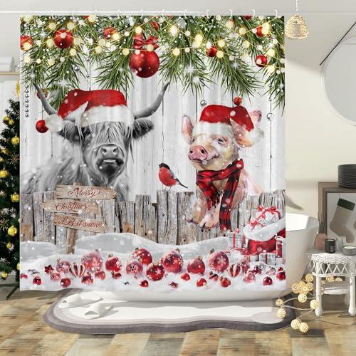 Rustic Cute Xmas Highland on Country Wooden Farmhouse Winter Shower Curtain, Farm Animal Christmas Holiday Bathtubs Decor with 12 Hooks, 72x72 in