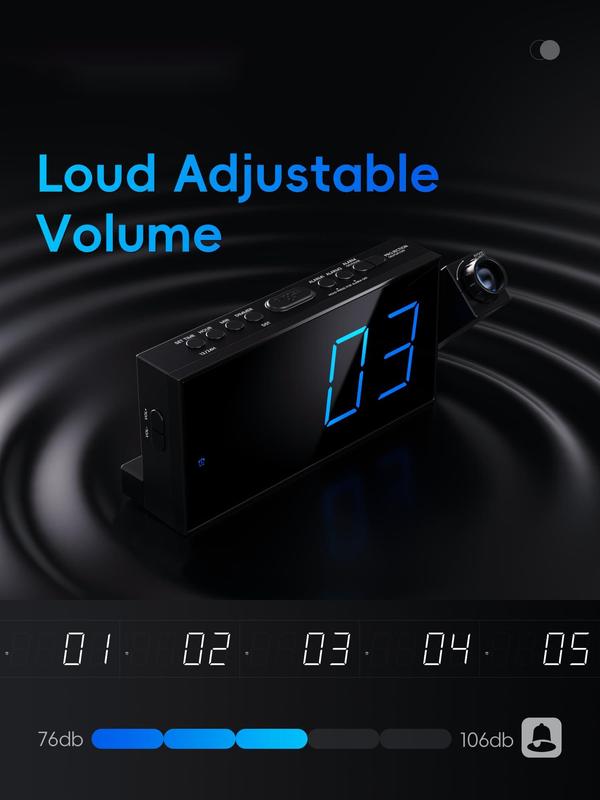 Digital Projection Alarm Clock for Bedroom - Large LED Display,180° Rotatable Projector, 5 Level Dimmer, USB Charger, Battery Backup, Loud Dual Alarm Clock for Everyone in the House, Elderly, Heavy Sleepers,12 24 Hour,Daylight Saving Time Decor Set Switch