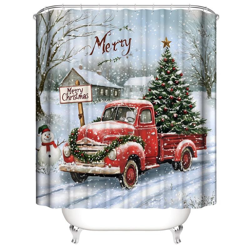 Christmas Theme Shower Curtain, 1 Count Waterproof Fabric Shower Curtain with 12pcs Hooks, Bathroom Decoration Supplies for Home Hotel Salon