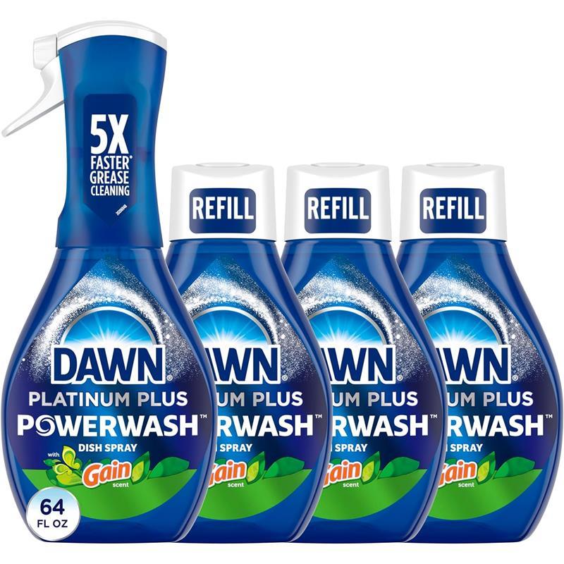 4 Pack Of Powerwash Gain Original Dishwashing Spray Dish washing 1 Starter Kit with 3 Refills 64 Fl Oz Household