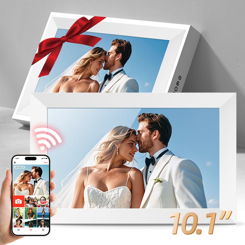 Ekoio Digital Picture Frame 10.1 Inch WiFi,gift idea, IPS Touch Screen Smart Cloud Photo Frame with 32GB Storage, Auto-Rotate Easy Setup to Share Photos or Videos via biu frame APP, Wall Mountable White color and Black color Decor Landscape