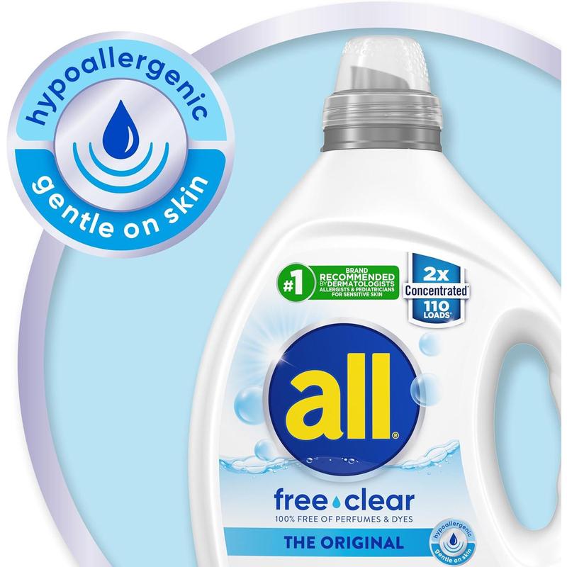 all Liquid Laundry Detergent, Free Clear for Sensitive Skin, Unscented and Hypoallergenic, 2X Concentrated, 110 Loads