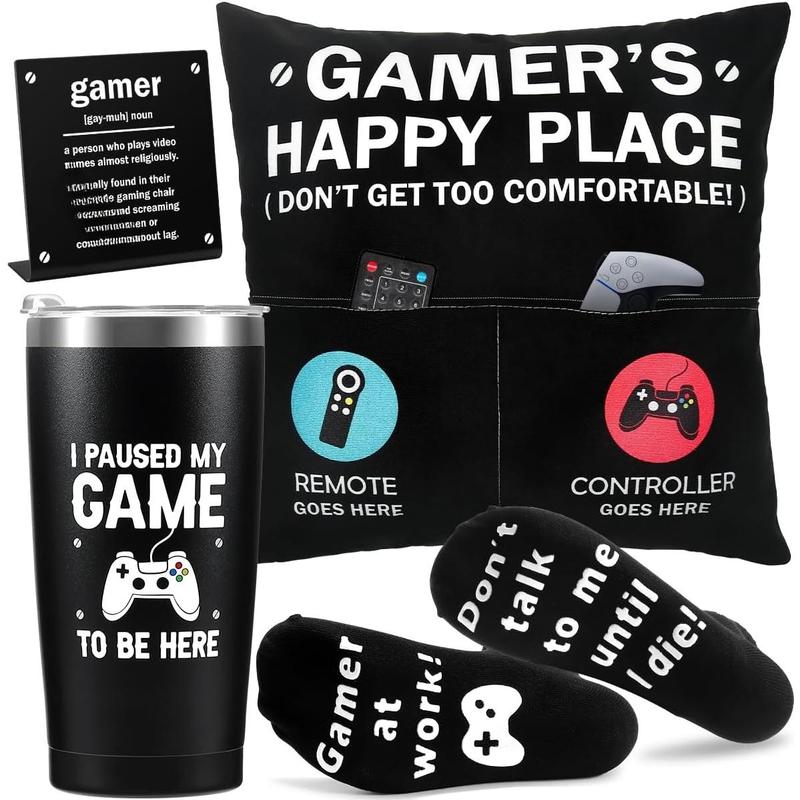 Gamer Gifts for Men Boyfriend Teenage Boy Birthday Christmas Gifts Box- Easter Basket Stuff  Room Decor Gaming Gift for Man Him Video  Lover (Gamer Tumbler+Pillow Cover+Socks+Stainless Sign)