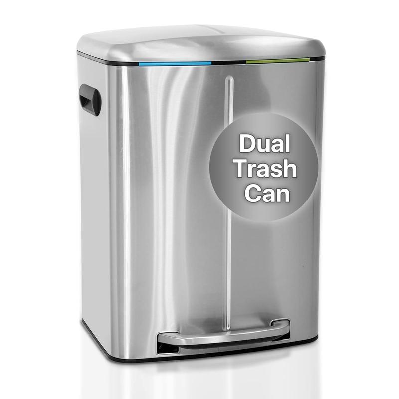 Kitchen Trash Can 16 Gallon  60L Stainless Steel Dual Trash Can with Lid & Double Barrel, High-Capacity Step Garbage Can Classified Recycle Rubbish Bin Combo for Bathroom