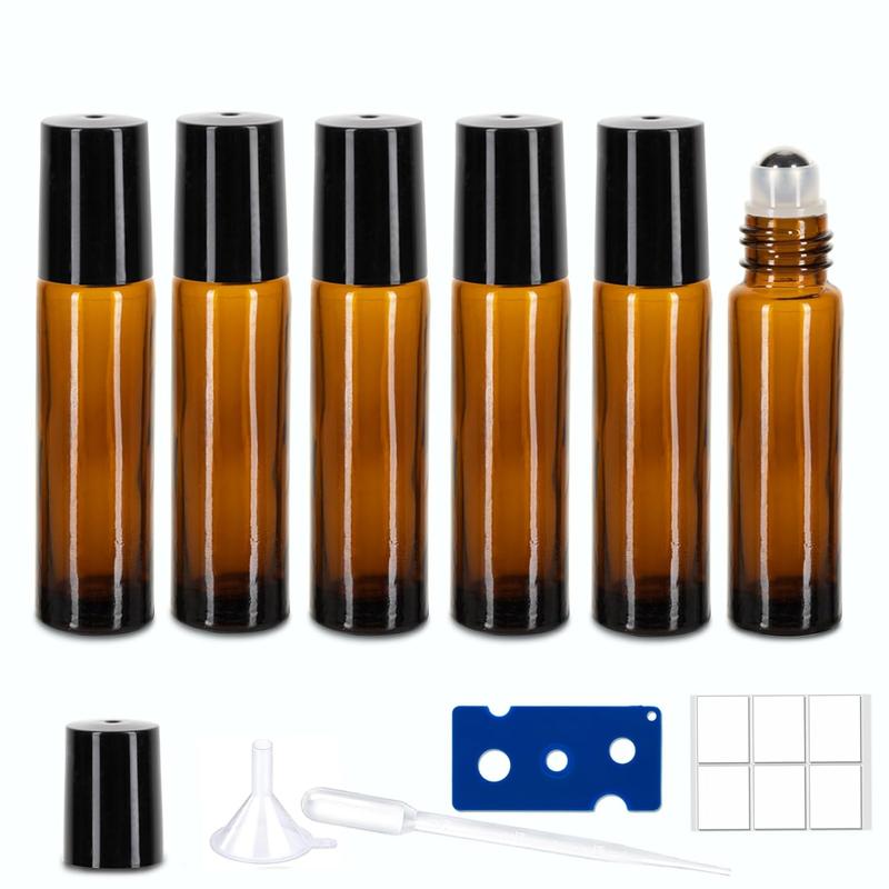 6 Pack Essential Oil Roller Bottles, 10ml Roller Balls for Essential Oils, Amber Glass Roller Bottles, Roll on Bottles with Stainless Steel Roller Balls, Labels, 1*Openers, 1*Funnels, 1*Dropper