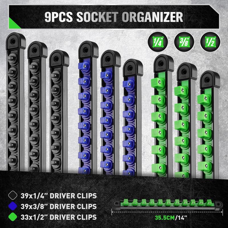 9-piece Socket Organizer Set, 1 4-Inch x 39 Clips, 3 8-Inch x 39 Clips, 1 2-Inch x 33 Clips, Socket Rail Organizer, 360° Rotatable Heavy Duty Socket Holder, Socket Rack Kit (Socket not Included) tray organizer christmas mechanic tool car repair men gift