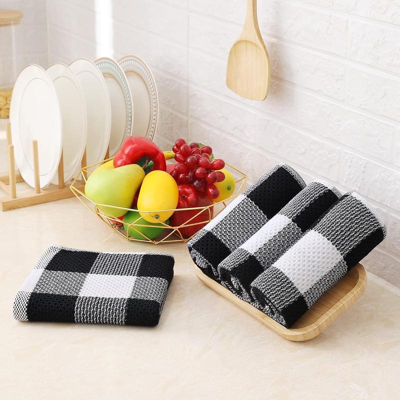 Kitchen Towel and dish towel set, 12 x 12 and 13 x 28 inches, one set of 8 cotton checkered kitchen towels, soft and absorbent dish cloth, white and black