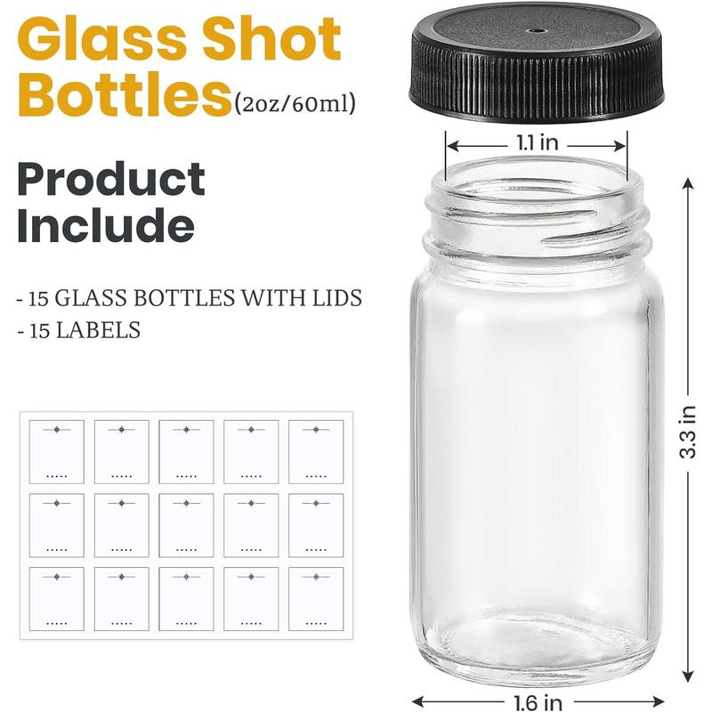 15 Pack 2 oz Glass Shot Mini Bottles w  Black Lids & 15 Labels - Small Clear Jar for Ginger, Wellness Shot, Juice, Sample, Whiskey - Travel Essentials - Wide Mouth, Leakproof, Dishwasher Safe