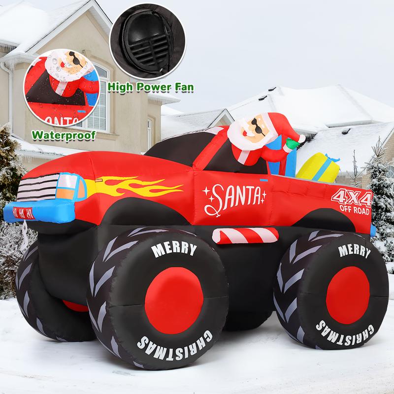 GOOSH 7.5 FT Long Christmas Inflatables Santa Claus Outdoor Decorations Blow Up Yard Snowman with Presents on Truck with Built-in LEDs for Garden Lawn Indoor Party