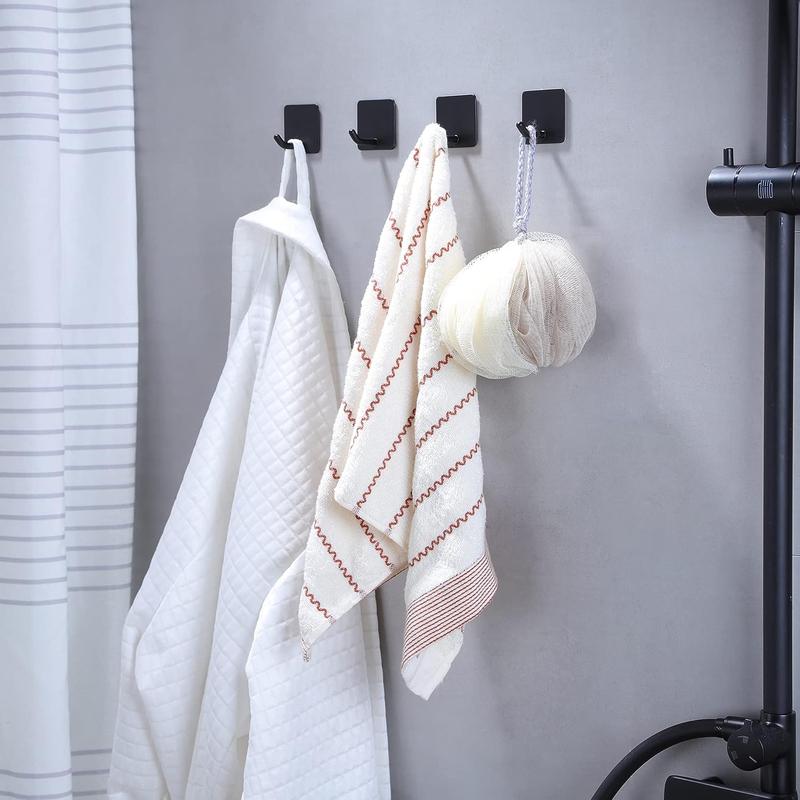 Adhesive Towel Hooks - 4 Pack Towel Hooks for Hanging Robes Coat Hooks Stick on Wall Hooks Stainless Steel, Matte Black Organiser Plastic Door Hangable Hangers