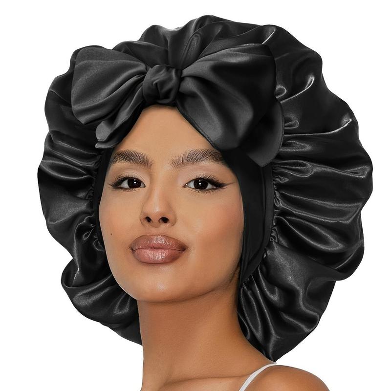 Silk Bonnet for Sleeping Women Satin Bonnet Hair Bonnet Night Sleep Cap Scarf wrap for Curly Hair with Tie Band Black