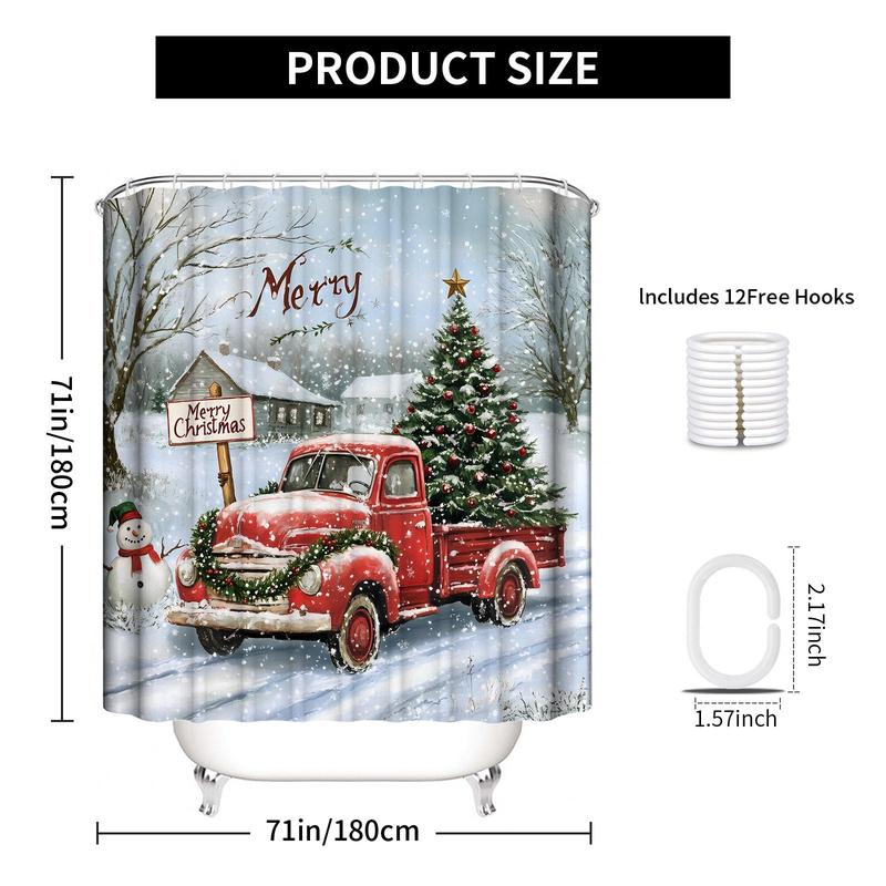 Christmas Theme Shower Curtain, 1 Count Waterproof Fabric Shower Curtain with 12pcs Hooks, Bathroom Decoration Supplies for Home Hotel Salon