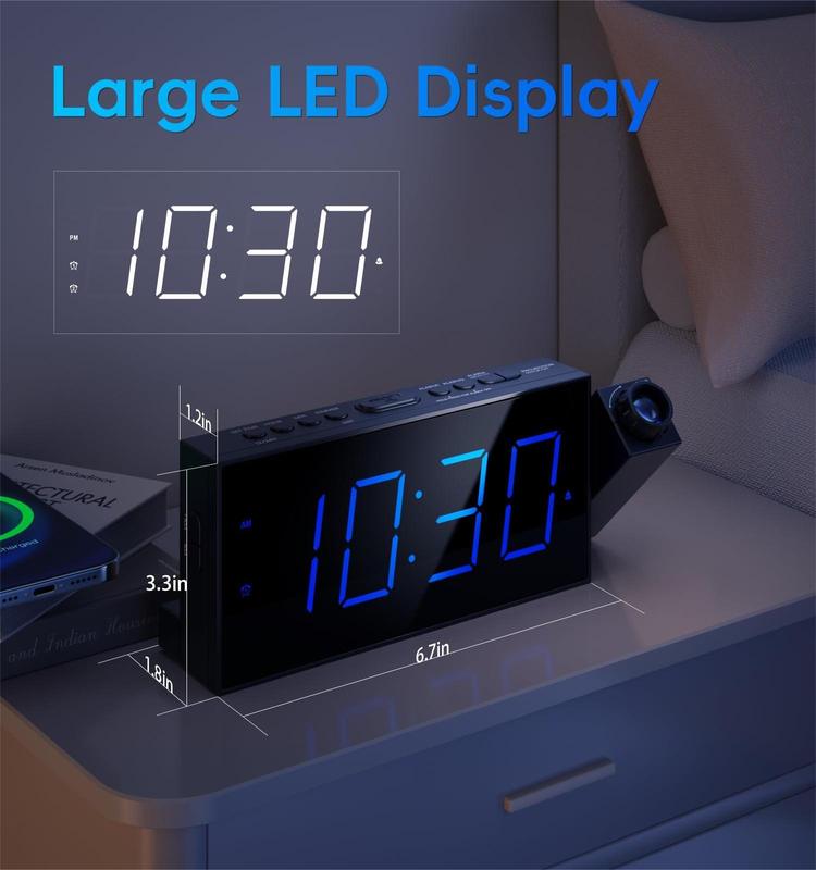 Digital Projection Alarm Clock for Bedroom - Large LED Display,180° Rotatable Projector, 5 Level Dimmer, USB Charger, Battery Backup, Loud Dual Alarm Clock for Everyone in the House, Elderly, Heavy Sleepers,12 24 Hour,Daylight Saving Time Decor Set Switch