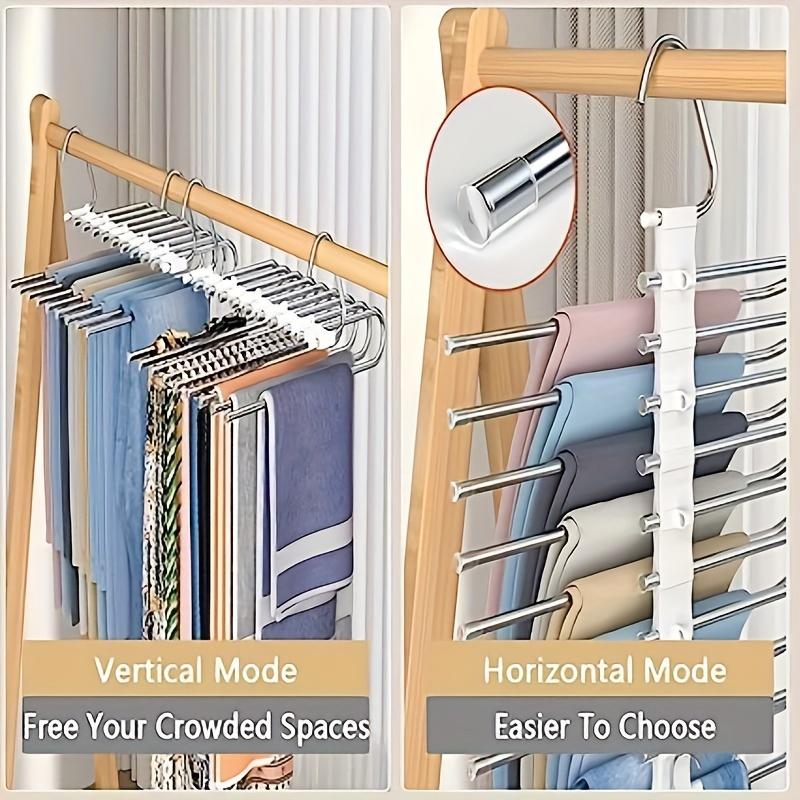 Space-Saving S-Type Pants Hanger - 9-Tier Non-Slip Organizer - Extra 5 Hooks for Jeans, Leggings, Trousers - Increases Closet Space by 80%