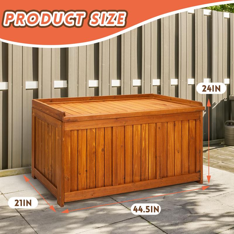 SULIVES 65 Gallon Solid Wood Deck Box, Garden Backyard Storage Bench, Waterproof Outdoor Storage Container for Cushions Pool Supplies,Toys,Garden Tool,Sports Equipment Organiser Wooden,stash box