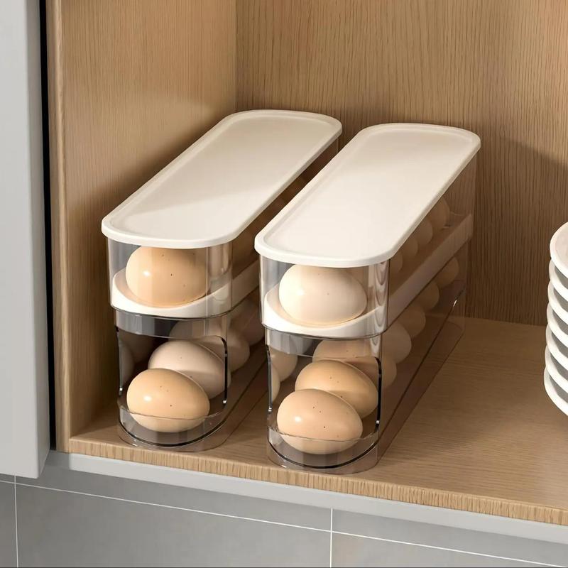 Clear Egg Storage Box, 2 Counts set Automatic Rolling Egg Holder, Space Saving Egg Organizer, Refrigerator Egg Tray, Household Kitchen Products