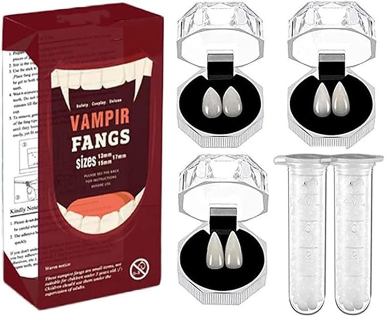 3 Sizes Vampire Fangs Teeth with Adhesive Halloween Cosplay Props White Horror False Teeth Props Party Favors Masquerade Accessories Gift