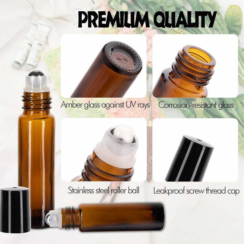 6 Pack Essential Oil Roller Bottles, 10ml Roller Balls for Essential Oils, Amber Glass Roller Bottles, Roll on Bottles with Stainless Steel Roller Balls, Labels, 1*Openers, 1*Funnels, 1*Dropper