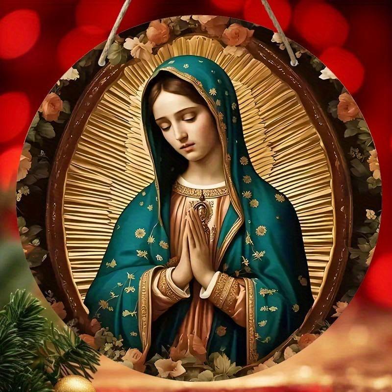 Our Lady Virgin Pray Wooden Round-shaped Hanging Wall Decor, 1 Count Traditional Festive Hanging Ornament, Hanging Decor for Holiday Party