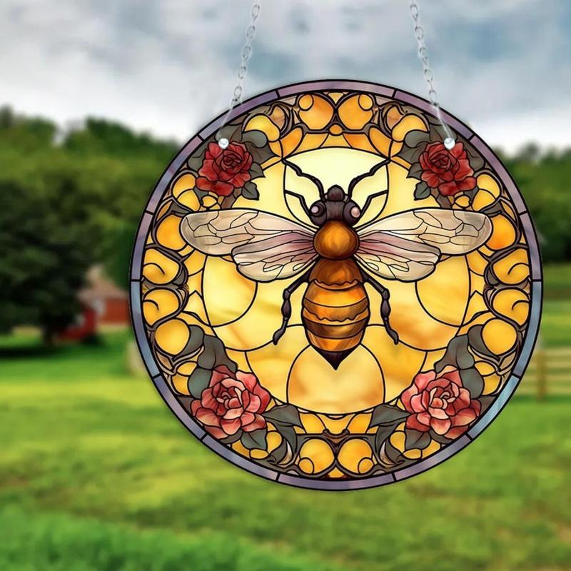 Bee & Flower Pattern Hanging Decor, 1 Count Creative Round Acrylic Hanging Ornament, Hanging Decor for Home Living Room Bedroom