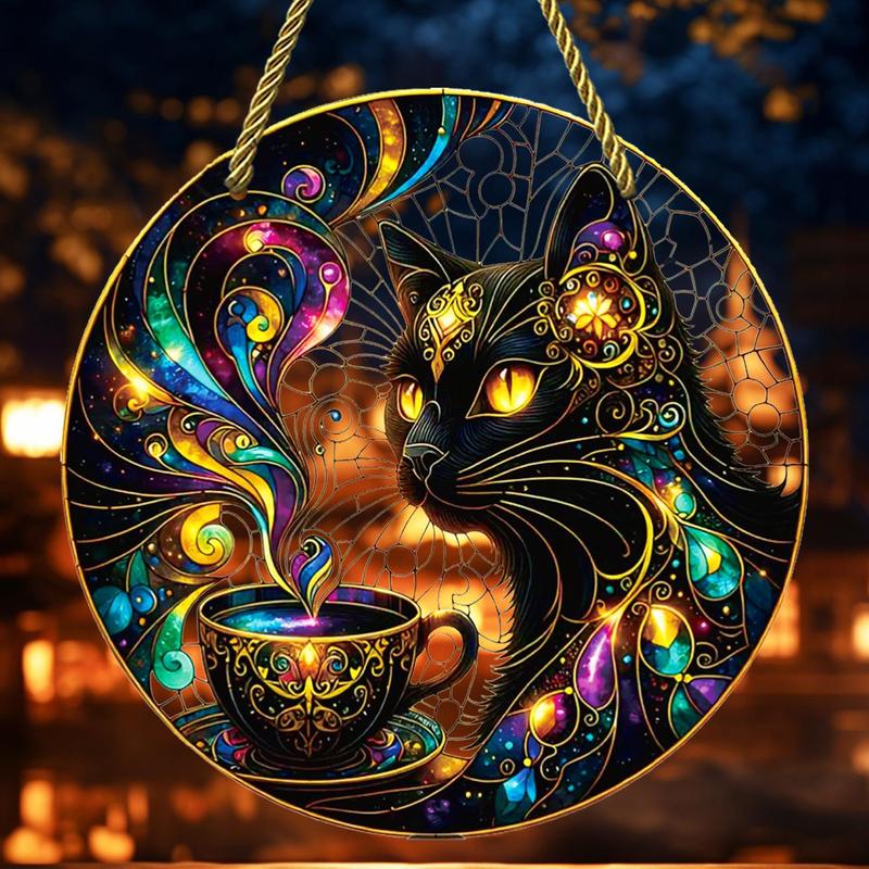 Cat & Coffee Pattern Sun Catcher, Round Acrylic Hanging Decor, Durable and Lightweight Hanging Ornament for Office, Room, Kitchen