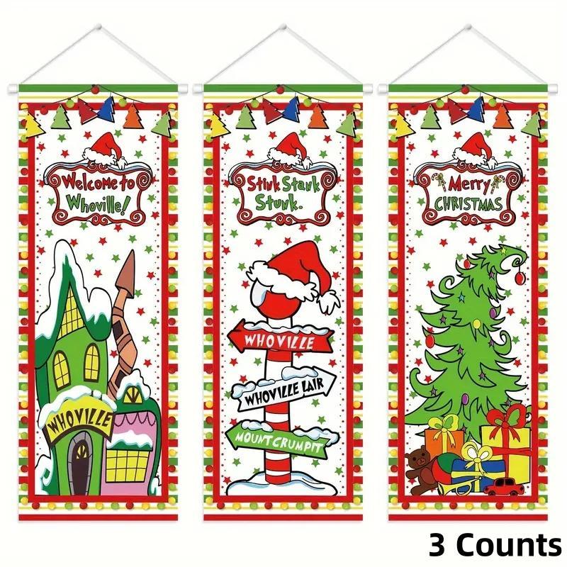 Christmas Door Banner, 3 Counts set Cartoon Pattern Door Hanging Banner, Indoor & Outdoor Festival Decoration, Home Decor Supplies