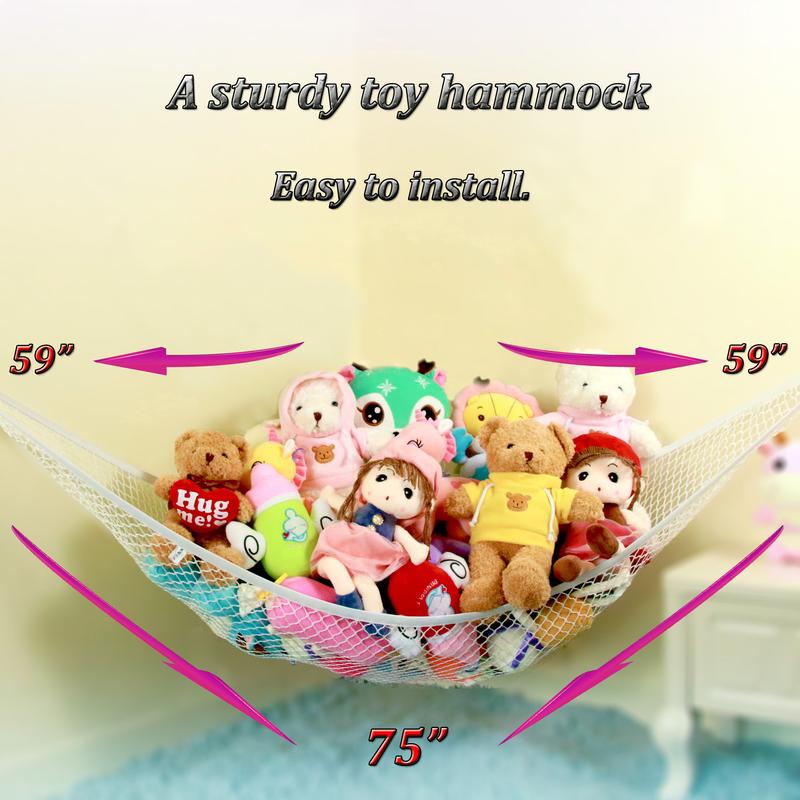 Stuffed Animal Toy Net Hammock for Room Decor, Storage Hammock for Teddy Bear Plush Toys, Hangable Corner Hanging Organizer for Dolls Collection, Easy To Hangwith Anchors & Hooks, Small Space Organizer