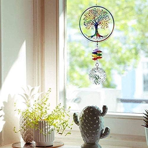 Chakra Tree of Life Suncatcher Glass Art Hanging Ornament Handmade Crystal Mandala Prism Decor Window Car Wall Art Hanging Decor for Home Office