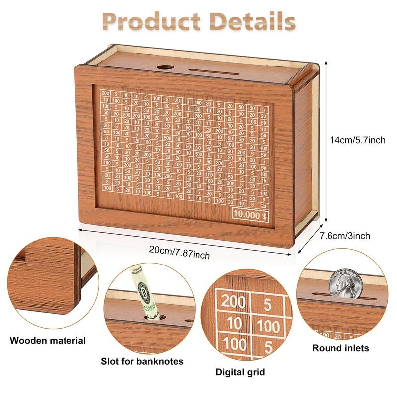 Cash Vault Wooden Savings Box, 2024 New Wooden Cash Saver Money Box, Cash Saver Box, Coin Counter Piggy Bank, Money Box with Counter, Wooden Money Box with Money Target and Numbers($5000)