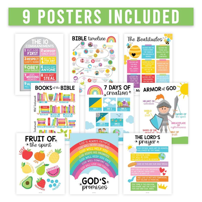 9 Colorful Sunday School Decorations For Classroom - Sunday School Posters, Christian Posters, Christian Classroom Decor, Books Of The Bible Poster, 10 Commandments For Kids, Bible Timeline Chart