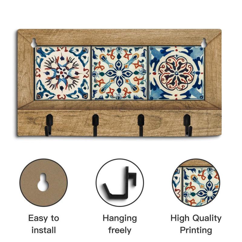 Wooden Hanging Sign, 1 Count Traditional Art Pattern Element Wooden Hanging Sign, Wall Key Holder for Home Farmhouse Door Living Room Lobby Foyer