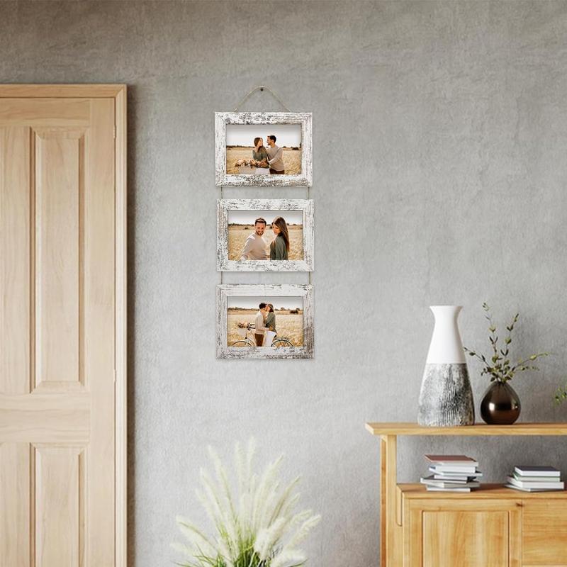 4x6 Wall Hanging Picture Frames Collage with 3 Opening Distressed White Frames