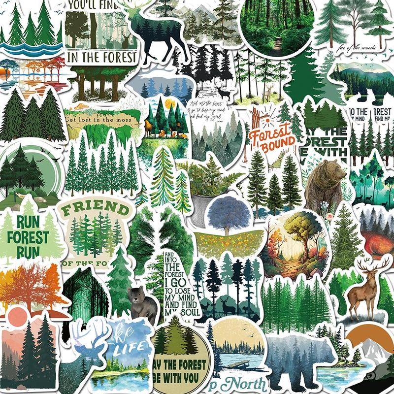 Forest Pattern Sticker, 50pcs set Self Adhesive Decor Sticker for DIY Gift Greeting Card Water Bottle Laptop Phone Case Scrapbook