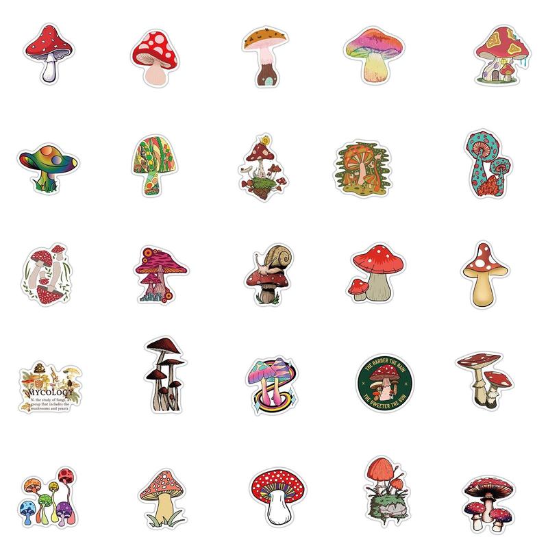 Waterproof Decorative Stickers, 50pcs Cartoon Mushroom Series Graffiti Stickers For Laptop, Water Bottles, Computer, Phone, DIY Decoration, Self-adhesive Naughty Stickers