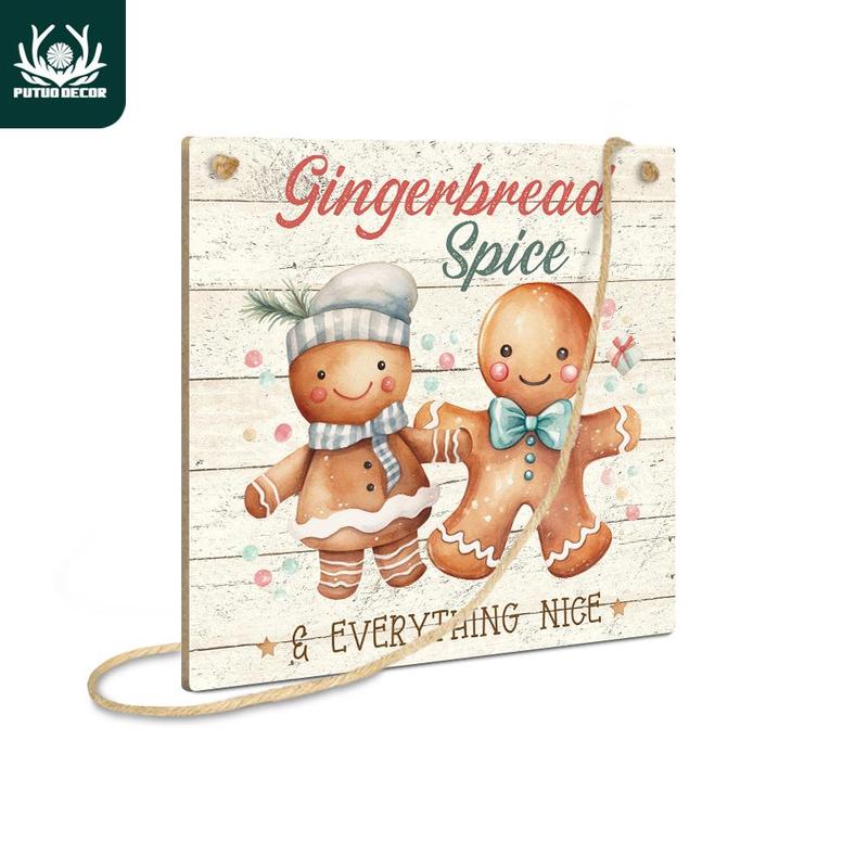 Gingerbread Spice Pattern Wooden Hanging Sign, 1 Count Cute Cartoon Pattern Wall Art Decoration, Wall Decor for Home Living Room Cafe Coffee Shop