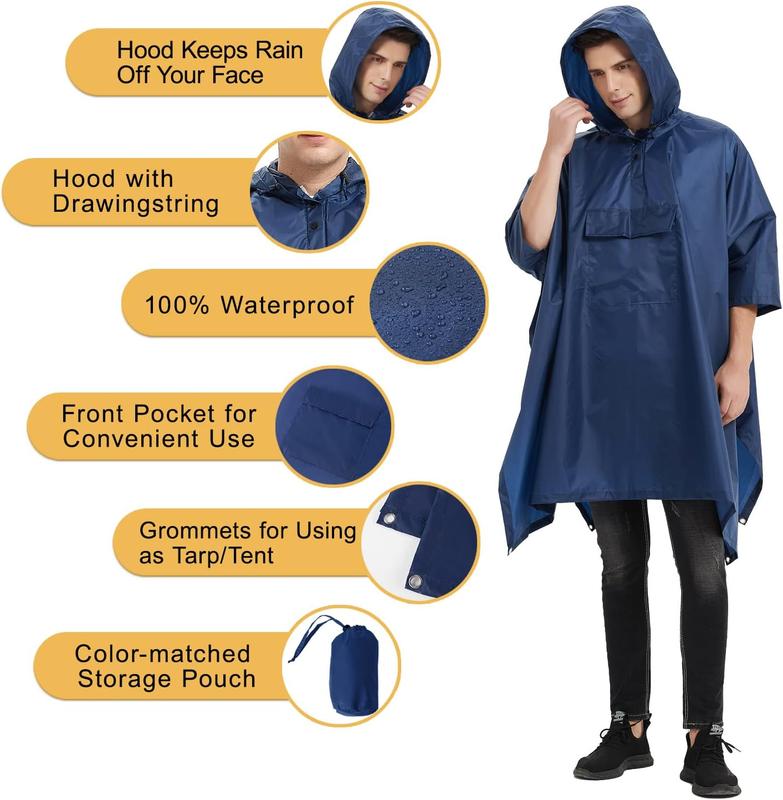 Hooded Rain Poncho Waterproof Raincoat Jacket for Men Women Adults with Pocket