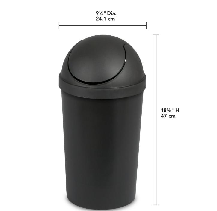 Sterili 3 Gallon Trash Can, Plastic Round Swing Top Bathroom Trash Can, Black