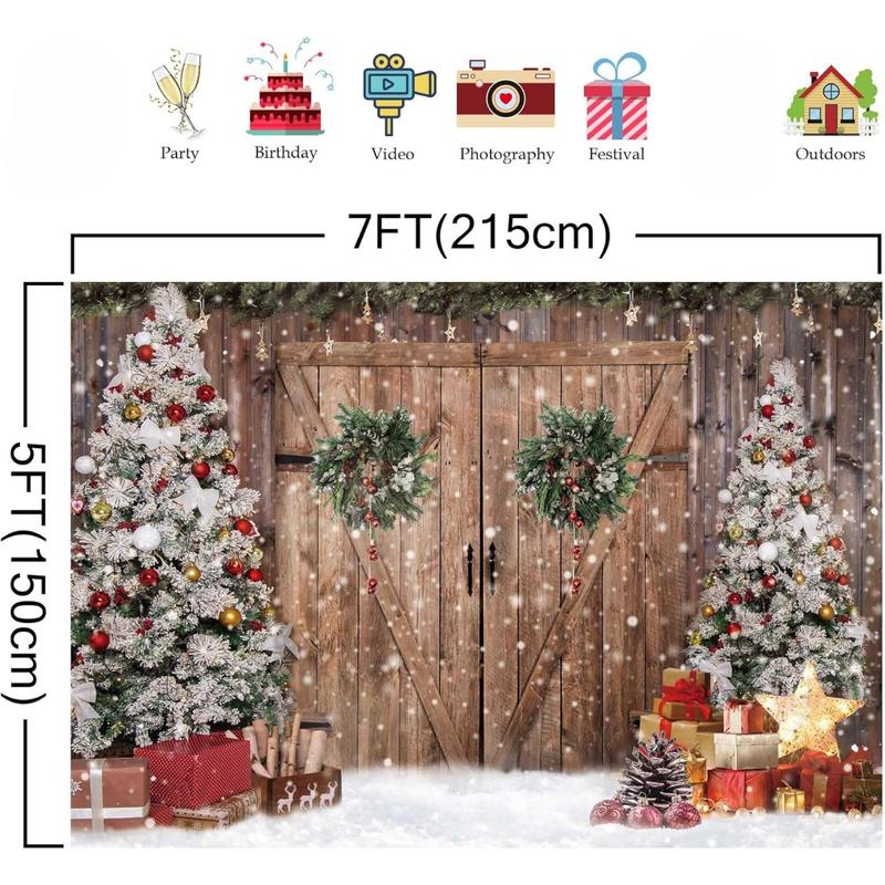 Polyester Fabric Winter Rustic Barn Wood Door Photography Backdrop Tree Snow Background Banner for Family Holiday Party Decoration Supplies 7x5FT