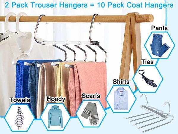 2 Pack Stainless Steel Non-Slip Pants Hangers, 5 Layers for Closet Organization, Multifunctional Pants Rack for Trouser, Scarf, Skirt