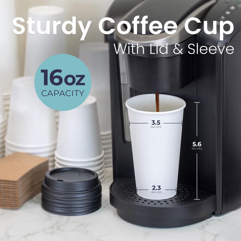 50 Pack 16 oz Disposable Coffee Cups with Lids, Sleeves and Stirrers, Premium To Go Coffee Cups with Lids, Durable Thickened Hot White Paper Cup for Cold Hot Beverage Chocolate Cocoa