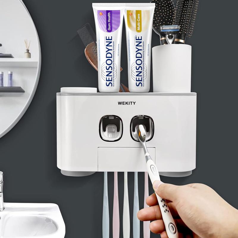 Holder Wall Mounted, WEKITY Multi-Functional  and Toothpaste Dispenser for Bathroom, with 5  Slots, 2 Toothpaste Squeezers and 4 Cups(Grey)