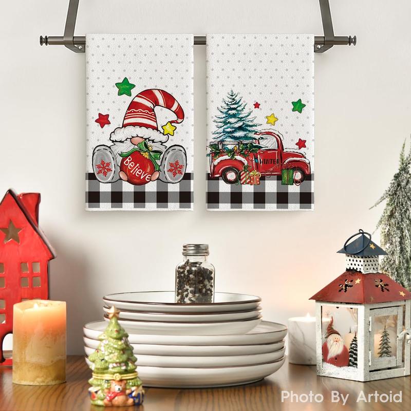 Buffalo Plaid Gnome Truck Christmas Kitchen Towels Dish Towels, 18x26 Inch Star Xmas Tree Believe Winter Decoration Hand Towels Set of 2